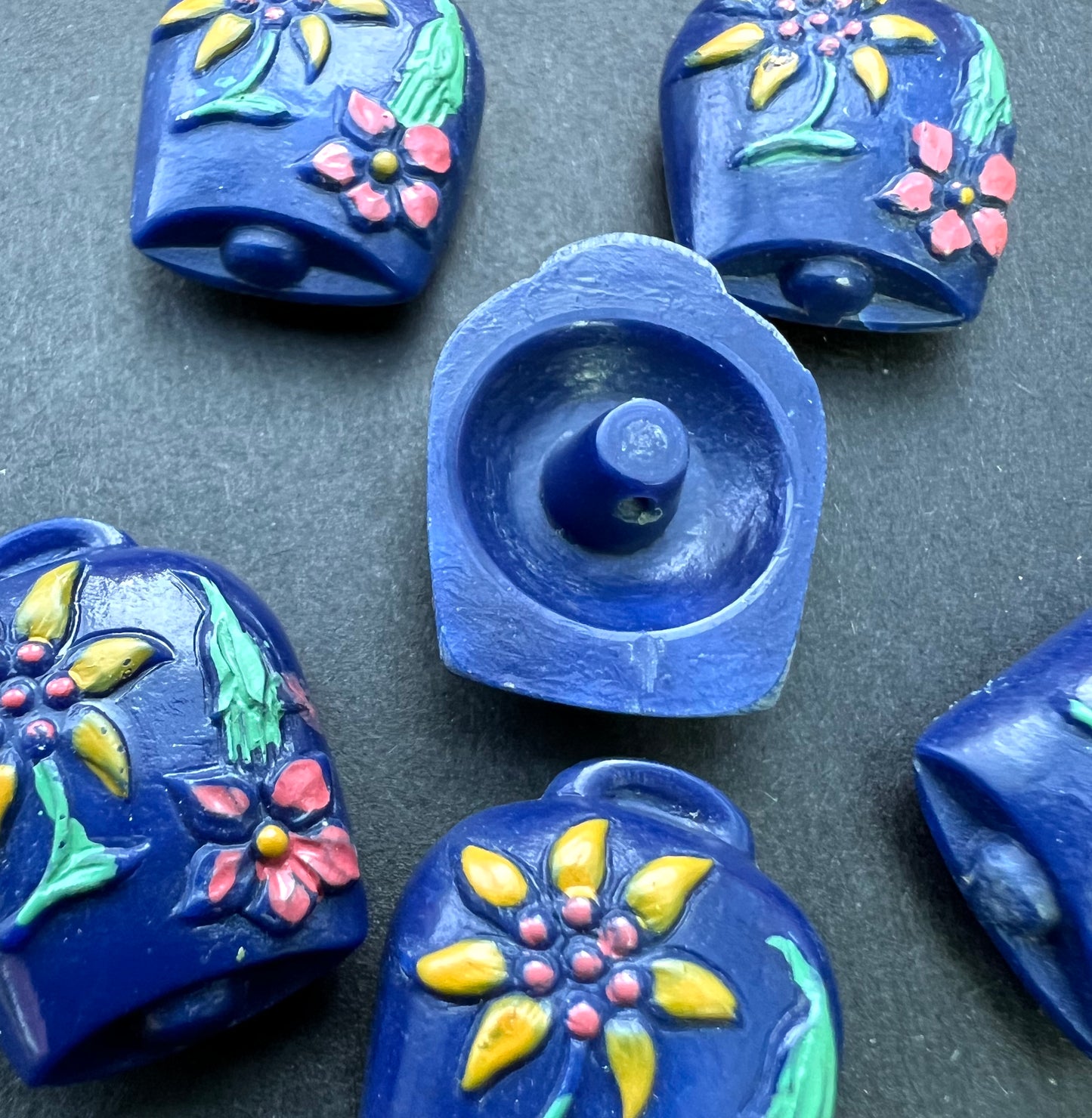 6 Unusual Vintage Italian Blue Cowbell Buttons - 2cm tall