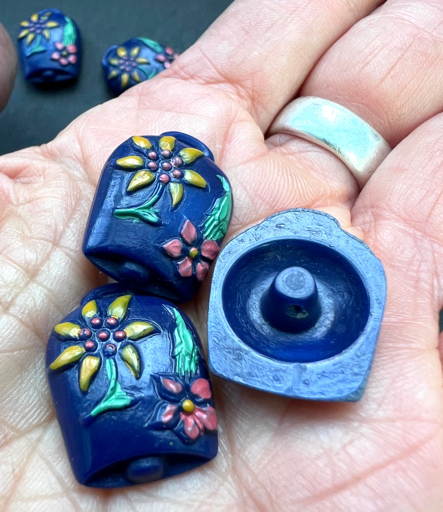 6 Unusual Vintage Italian Blue Cowbell Buttons - 2cm tall