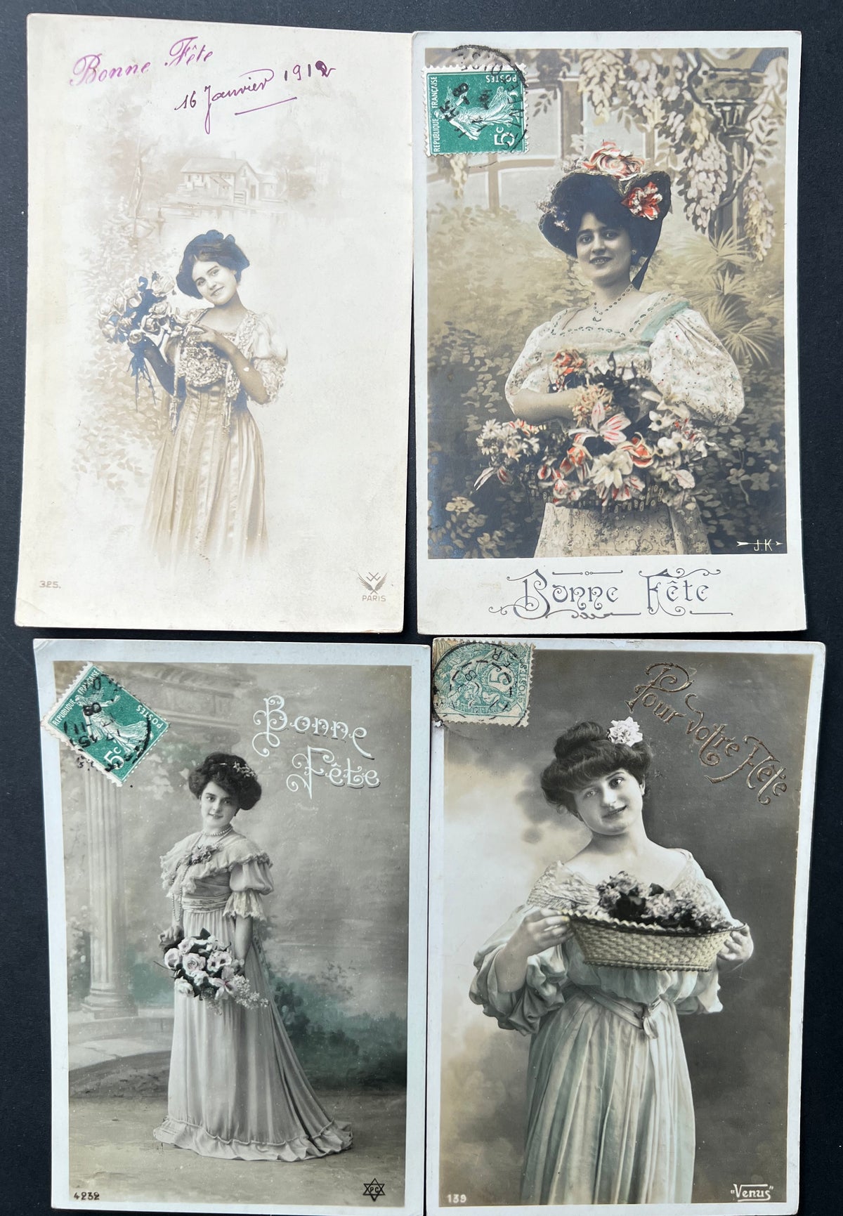 4 Pretty Happy Holidays 1900s French Postcards