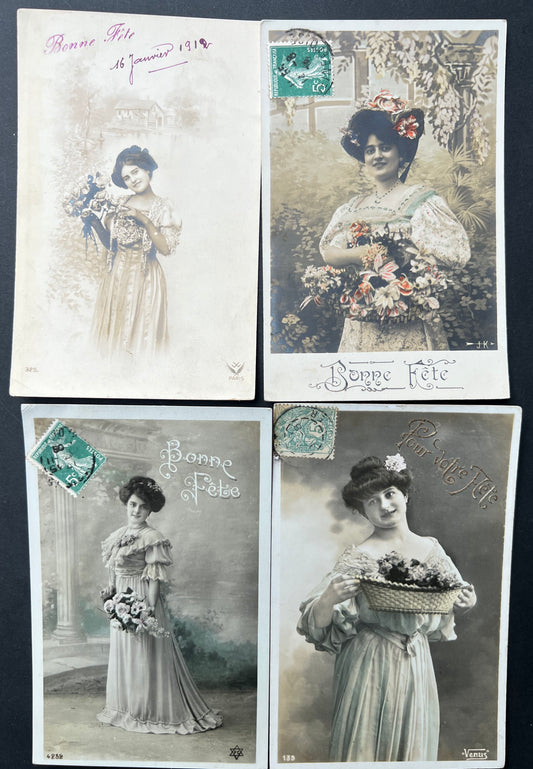 4 Pretty Happy Holidays 1900s French Postcards