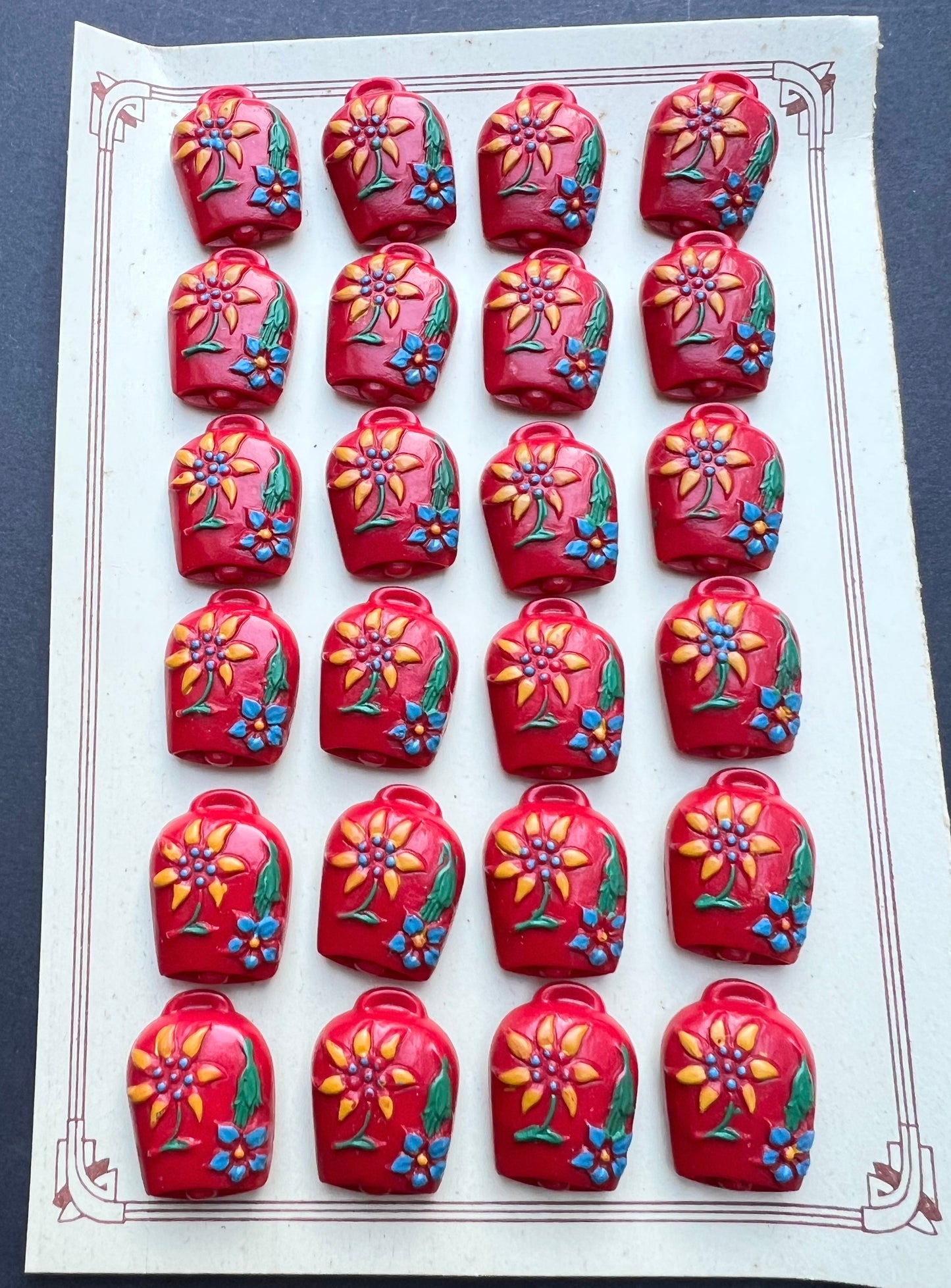 6 Unusual Vintage Italian Red Cowbell Buttons - 2cm tall