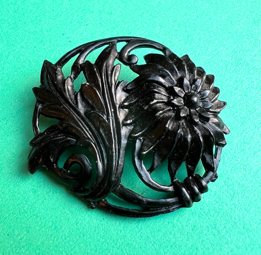 Swirling Floral 1940s Black Metal Brooch