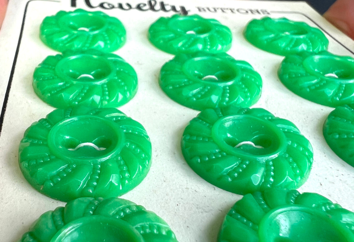 Sheets of Fresh Pea Green Swirling Buttons 2m, 1.8cm or 1.5cm