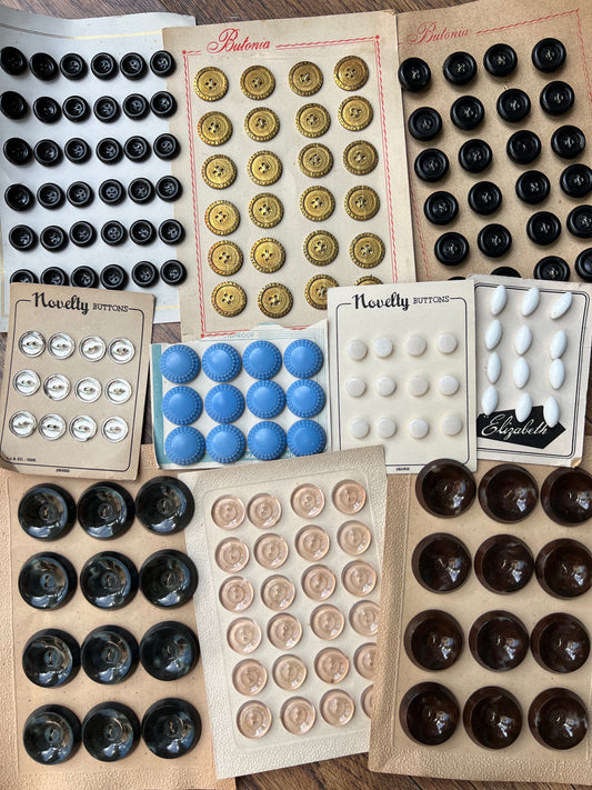 10 Sheets of Vintage Metal, Plastic and Glass Buttons (Q)