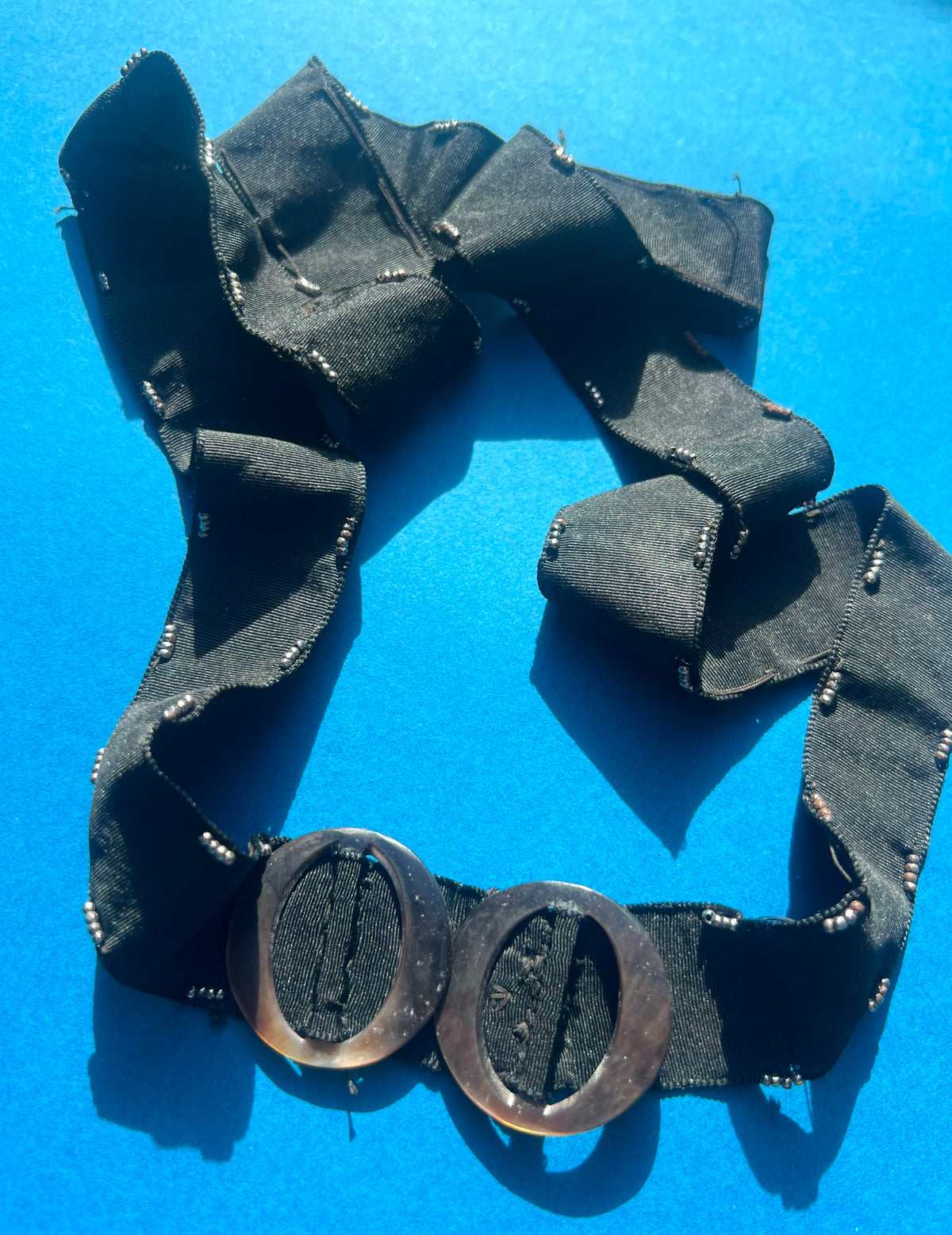 Homemade Black Ribbon Belt with 2 Mother of Pearl Buckles