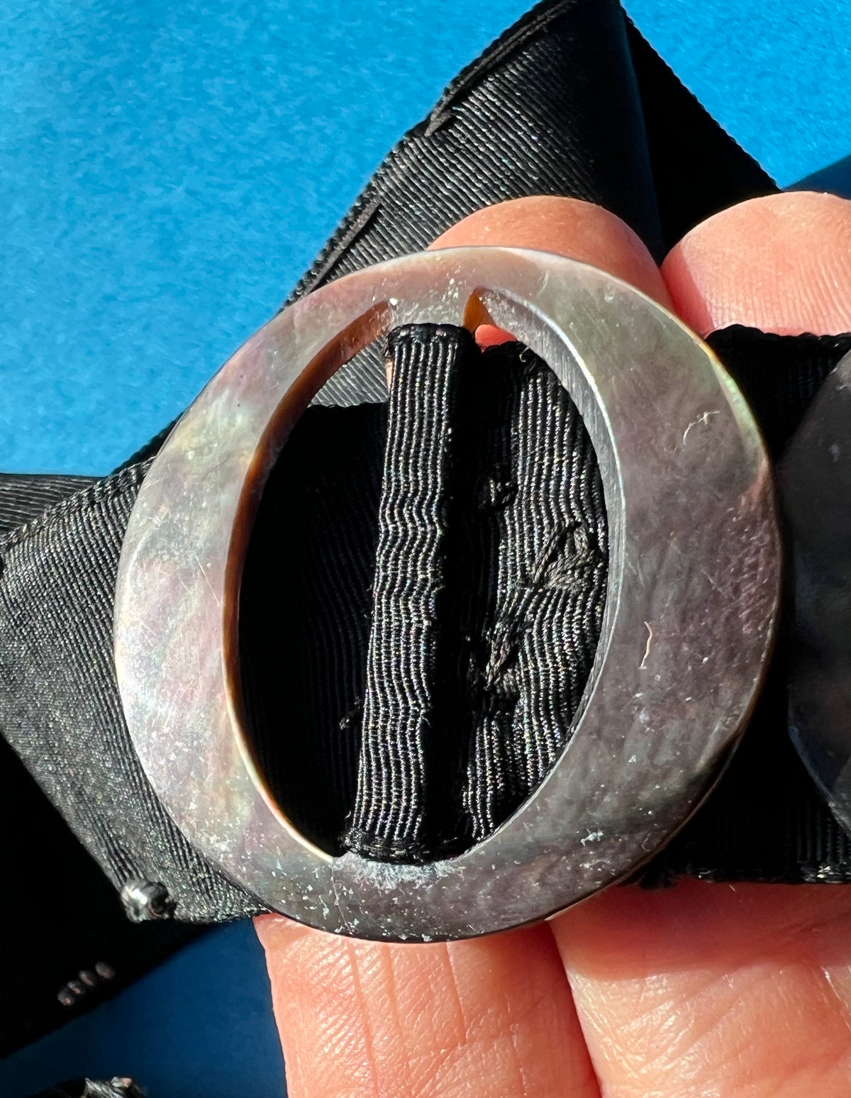 Homemade Black Ribbon Belt with 2 Mother of Pearl Buckles