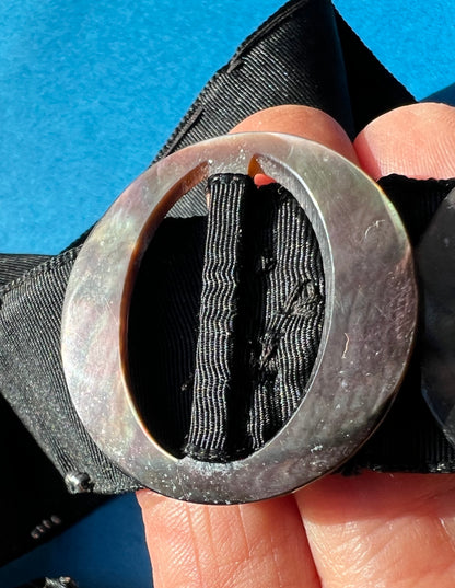 Homemade Black Ribbon Belt with 2 Mother of Pearl Buckles