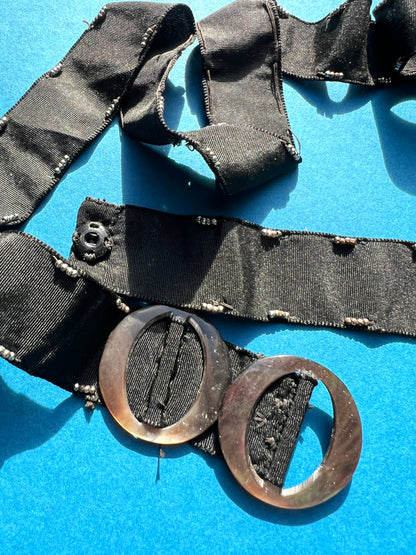 Homemade Black Ribbon Belt with 2 Mother of Pearl Buckles