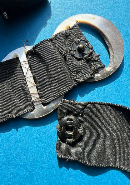 Homemade Black Ribbon Belt with 2 Mother of Pearl Buckles