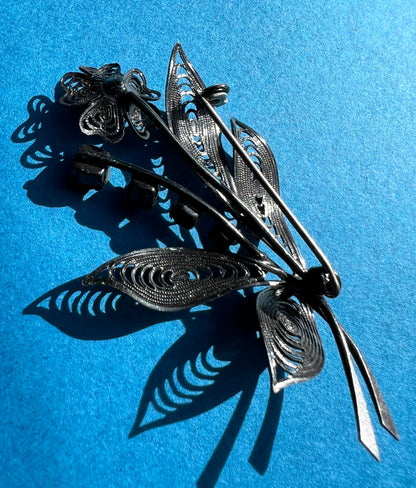 1940s Black Filigree + Faceted Glass Flower Brooch