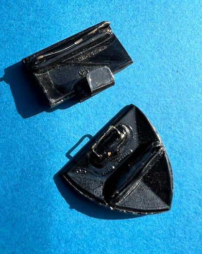 Very Deco 1930s Czechoslovakian Textured Pressed Black Jet Glass 2 Part Buckle for 2.2cm Belt.
