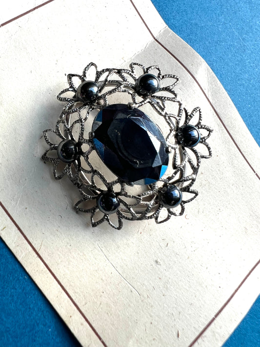 1940s Faceted Jet Black Glass Brooch