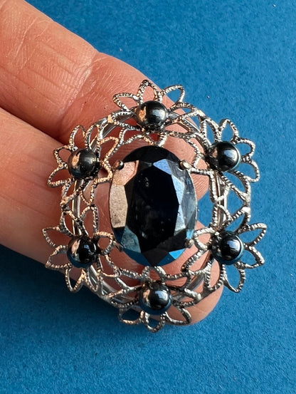 1940s Faceted Jet Black Glass Brooch