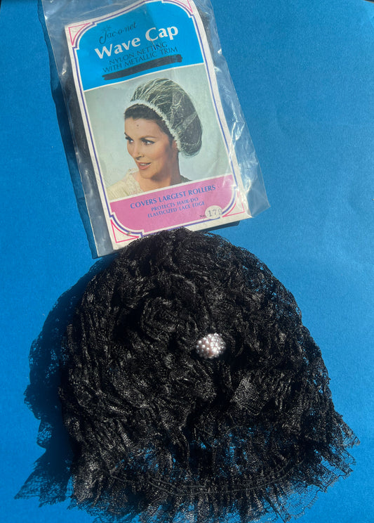 Sophisticated 1960s Black Nylon Netting and Pearl Cluster WAVE CAP