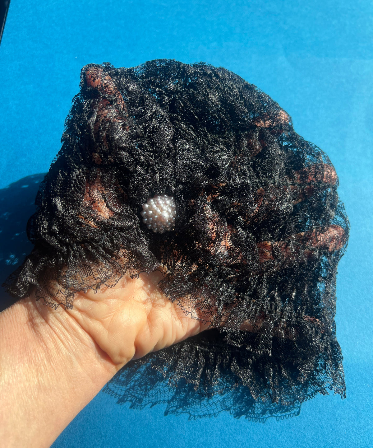 Sophisticated 1960s Black Nylon Netting and Pearl Cluster WAVE CAP