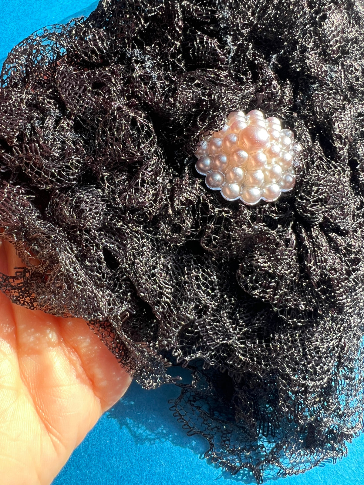 Sophisticated 1960s Black Nylon Netting and Pearl Cluster WAVE CAP