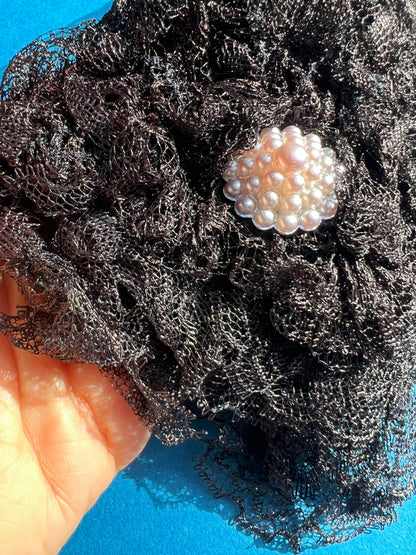Sophisticated 1960s Black Nylon Netting and Pearl Cluster WAVE CAP