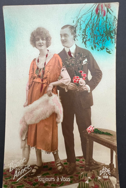 Hopefully Under The Mistletoe  French 1920s New Year Greetings Postcard