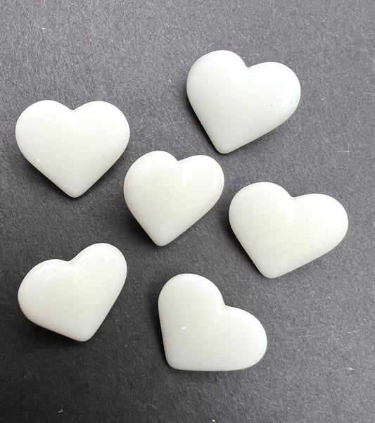 5 Vintage Czech BIG 1.8cm White Glass Heart Buttons