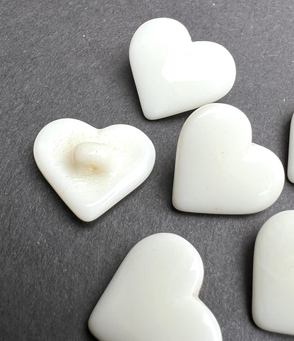 5 Vintage Czech BIG 1.8cm White Glass Heart Buttons