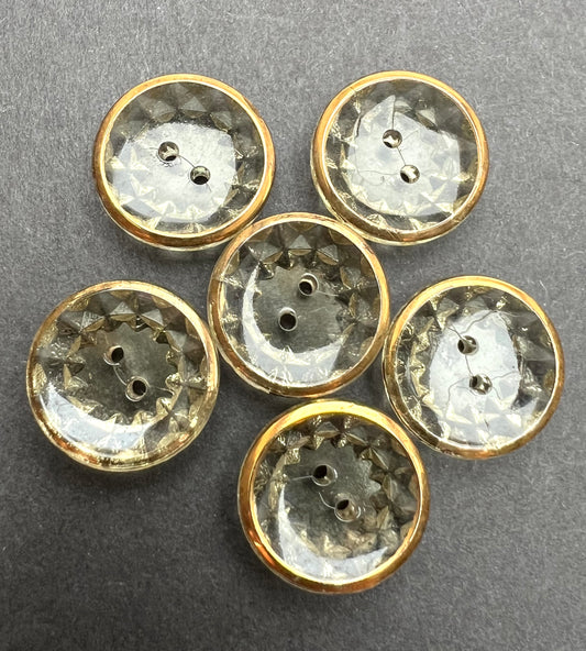 6 Sparkly Gold Rimmed Vintage 1930s French Glass 2cm  Buttons