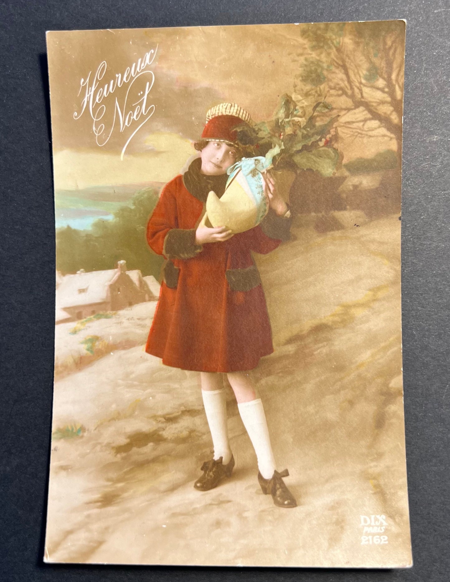 Cuddling The Christmas Clog French Christmas Postcard Dated 1918