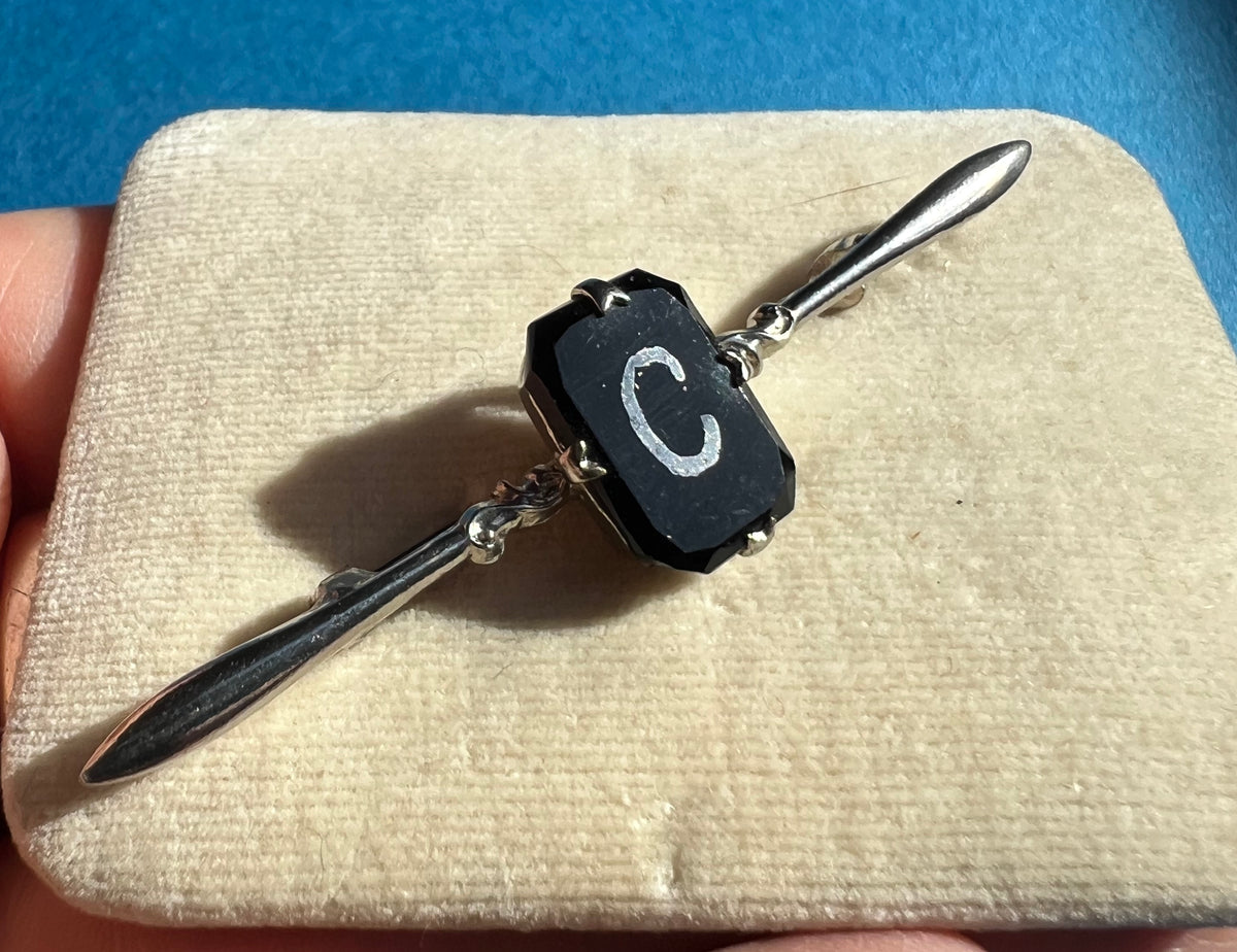 1920s/30s Faceted Black Glass Bar Brooch with Initial C