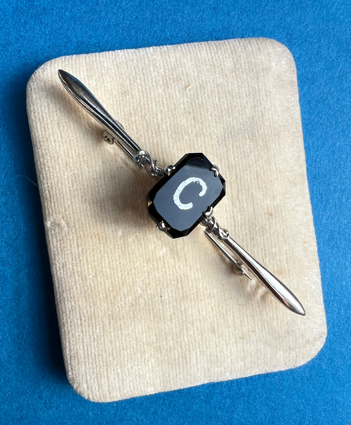 1920s/30s Faceted Black Glass Bar Brooch with Initial C