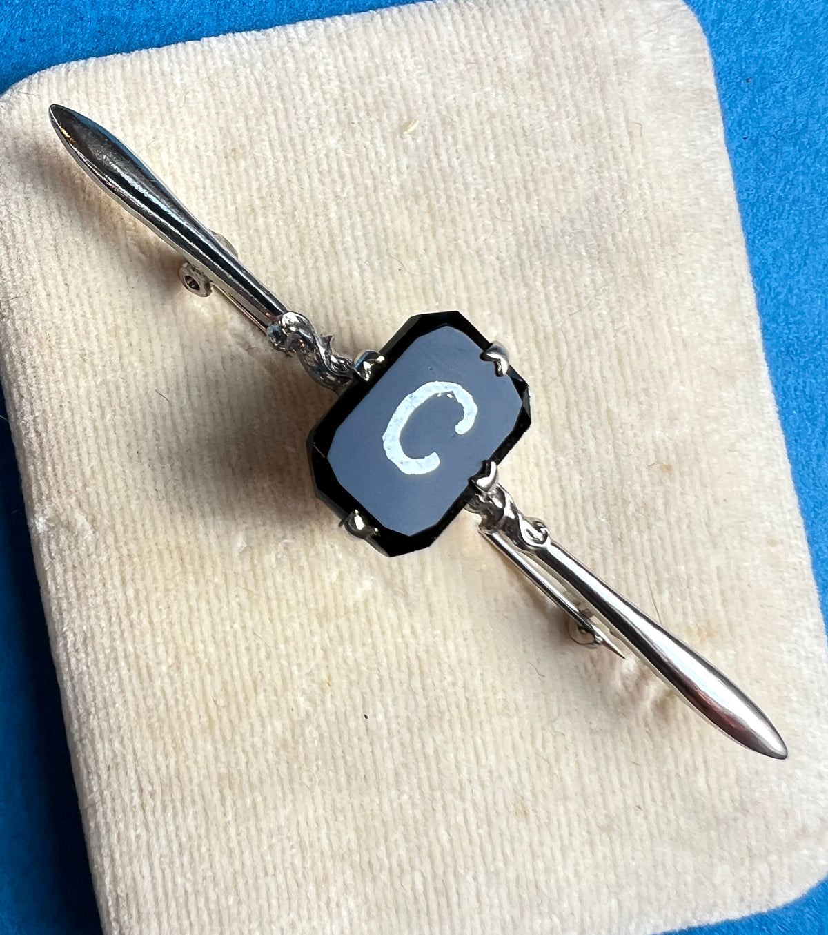1920s/30s Faceted Black Glass Bar Brooch with Initial C