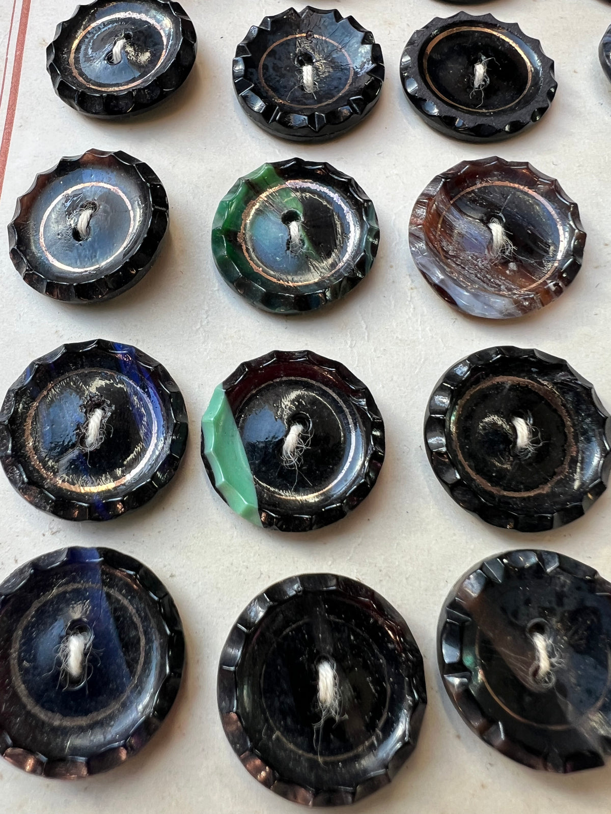 24 Unusual Vintage  Black, Gold, Green + Blue 1.8cm Glass Buttons