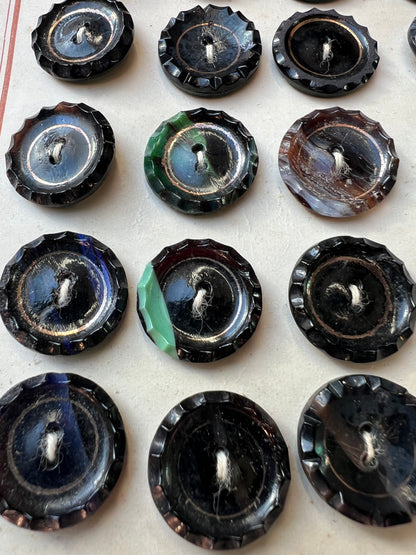 24 Unusual Vintage  Black, Gold, Green + Blue 1.8cm Glass Buttons