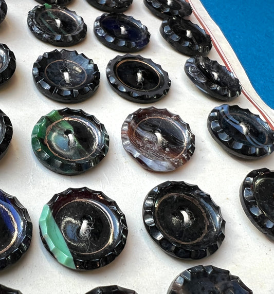 24 Unusual Vintage  Black, Gold, Green + Blue 1.8cm Glass Buttons