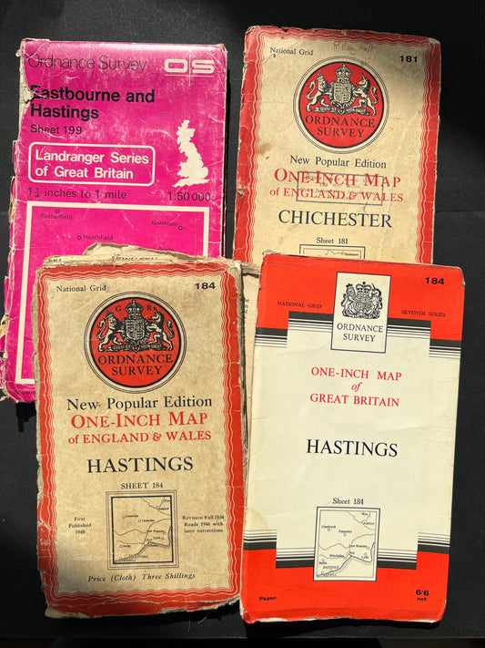 4 Old Maps of Hastings and Chichester Regions - Damaged so Perfect for Repurposing