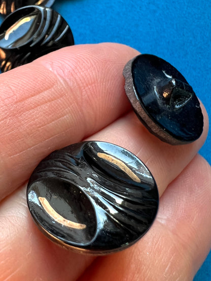 12 Early C20th Black + Gold Glass 2cm Buttons