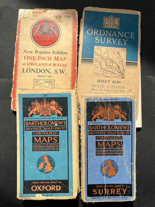 4 Old Maps of Oxford, London, Surrey and Chesham Area - Damaged so Perfect for Repurposing