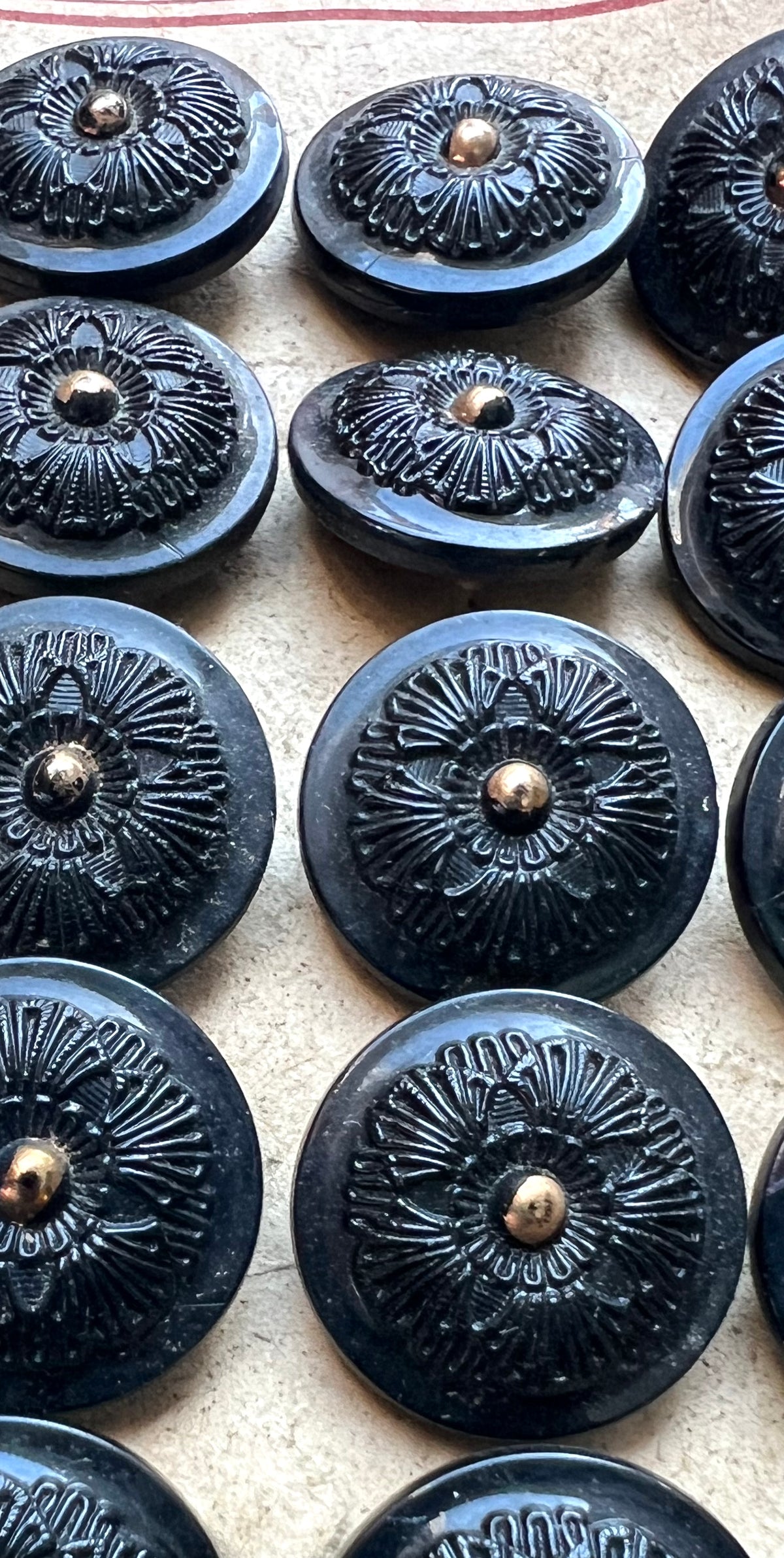 1  Ornate Early C20th Black + Gold Glass 1.8cm Button