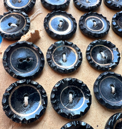 24  Vintage 1.8cm Black + Gold Glass Buttons