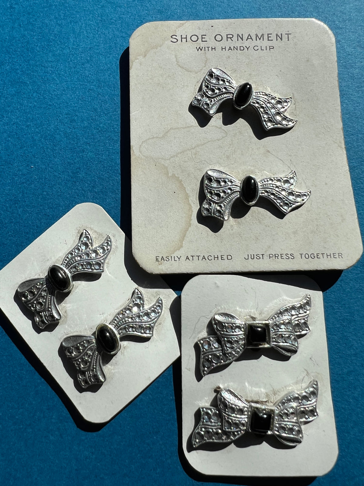 Gorgeous 1920s Black + Faux Rhinestone Bow Shoe Ornament Clips