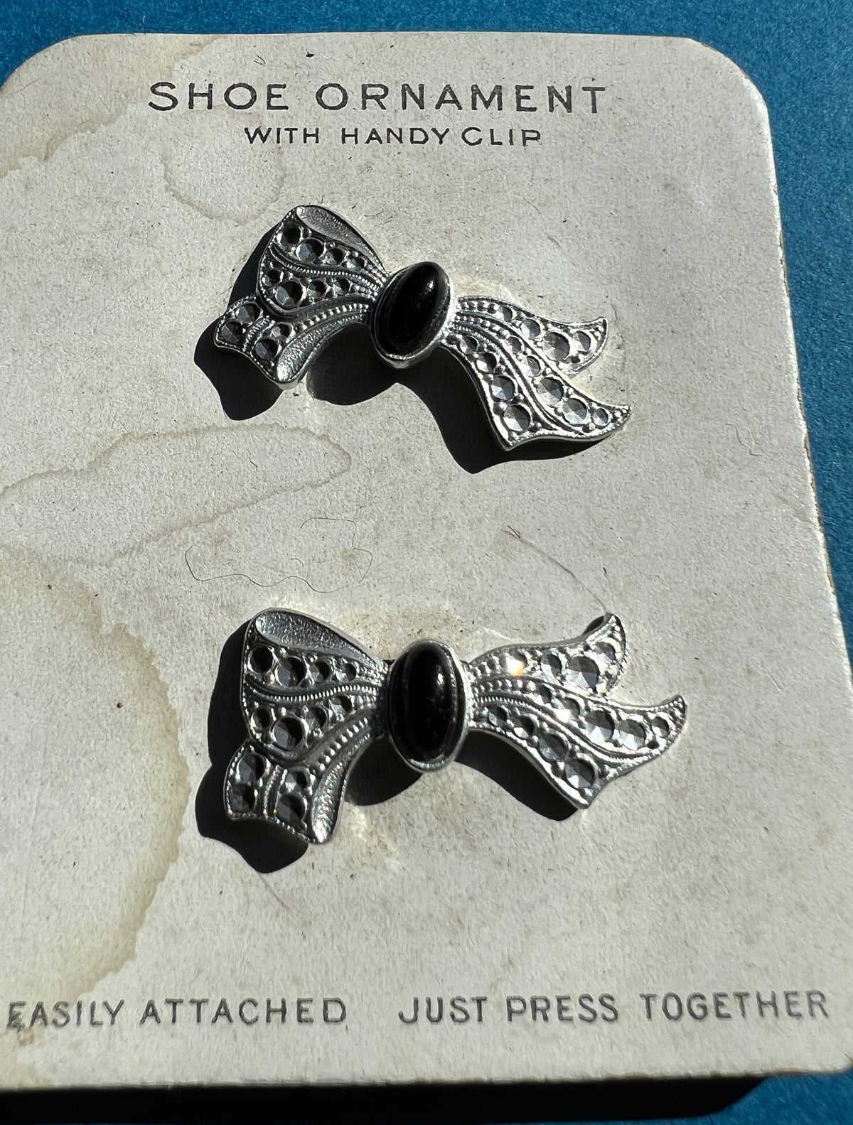 Gorgeous 1920s Black + Faux Rhinestone Bow Shoe Ornament Clips