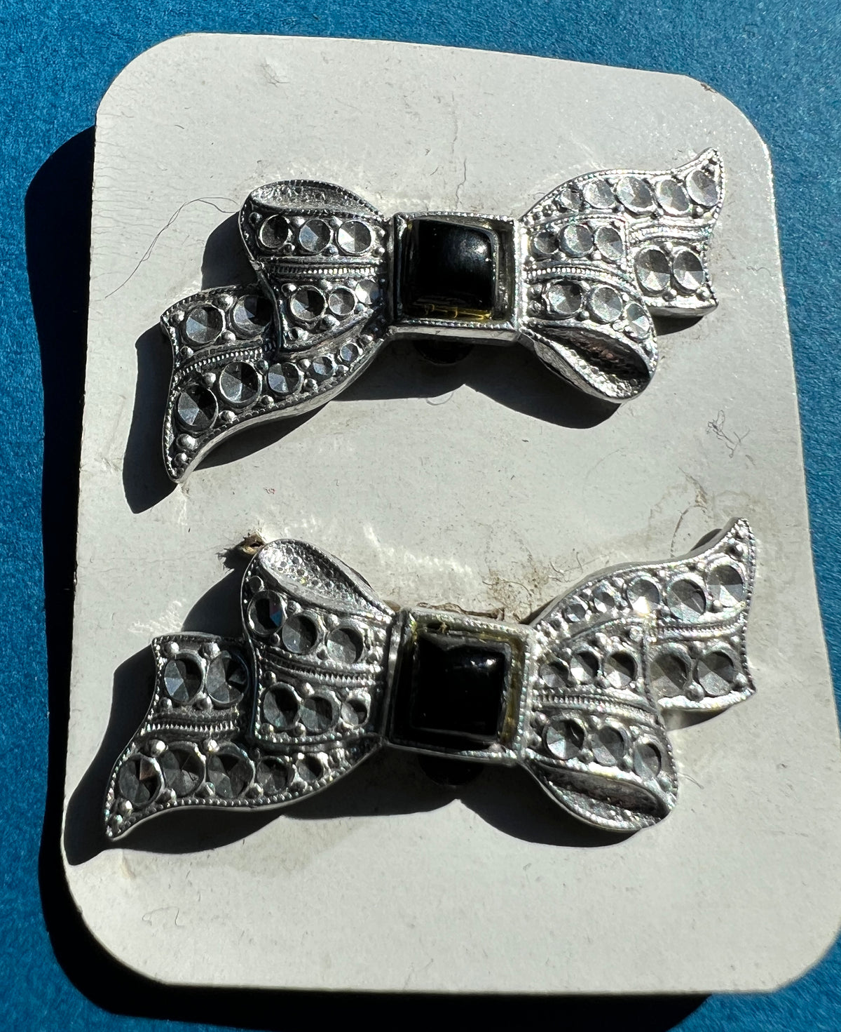 Gorgeous 1920s Black + Faux Rhinestone Bow Shoe Ornament Clips