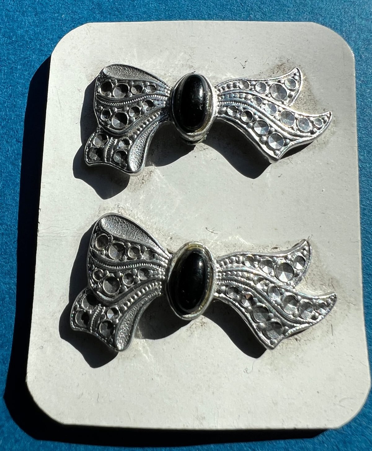 Gorgeous 1920s Black + Faux Rhinestone Bow Shoe Ornament Clips