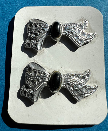 Gorgeous 1920s Black + Faux Rhinestone Bow Shoe Ornament Clips