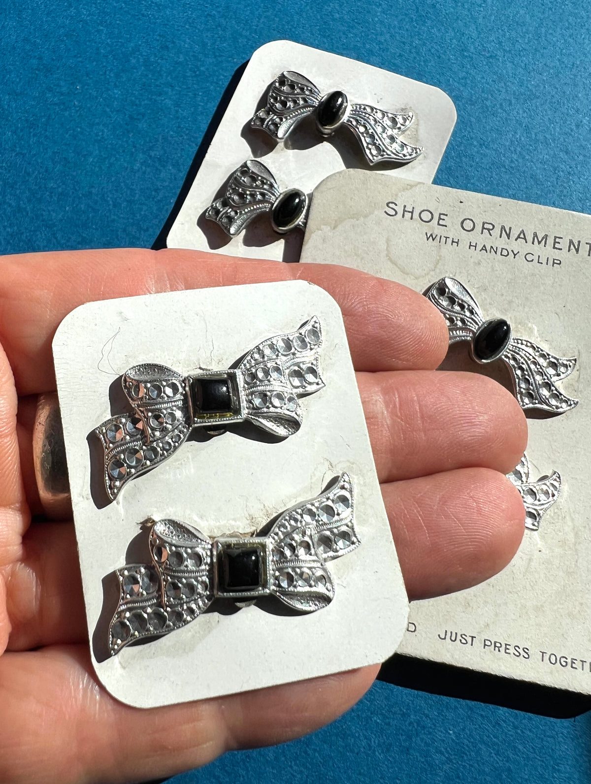 Gorgeous 1920s Black + Faux Rhinestone Bow Shoe Ornament Clips