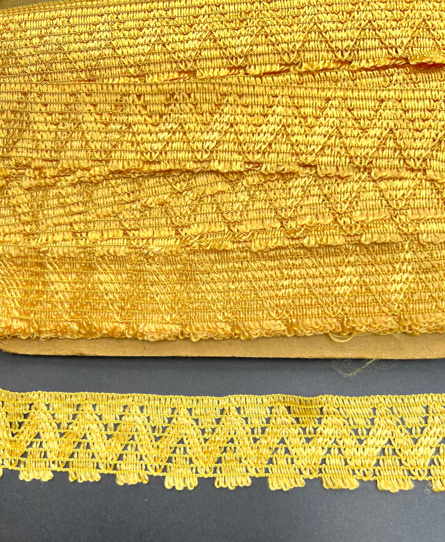 Aprox 50yds of Vintage Silky Golden Yellow 4.5cm Wide Woven Trim. Made in England