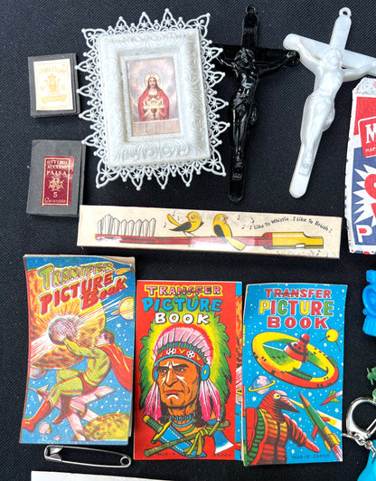 Job Lot of Vintage Toys Buttons, Transfers Etc from the Bottom of a Box (D)