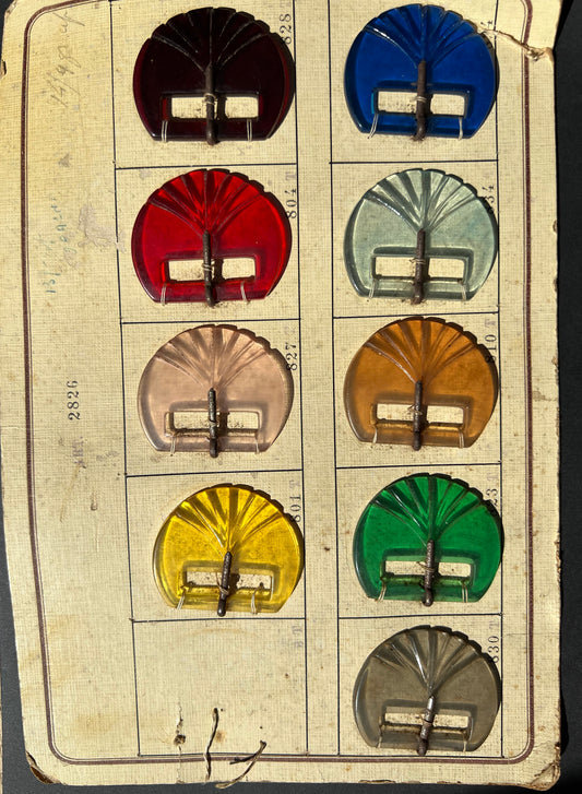 11 Vintage Lucite Buckles on Sample Display card