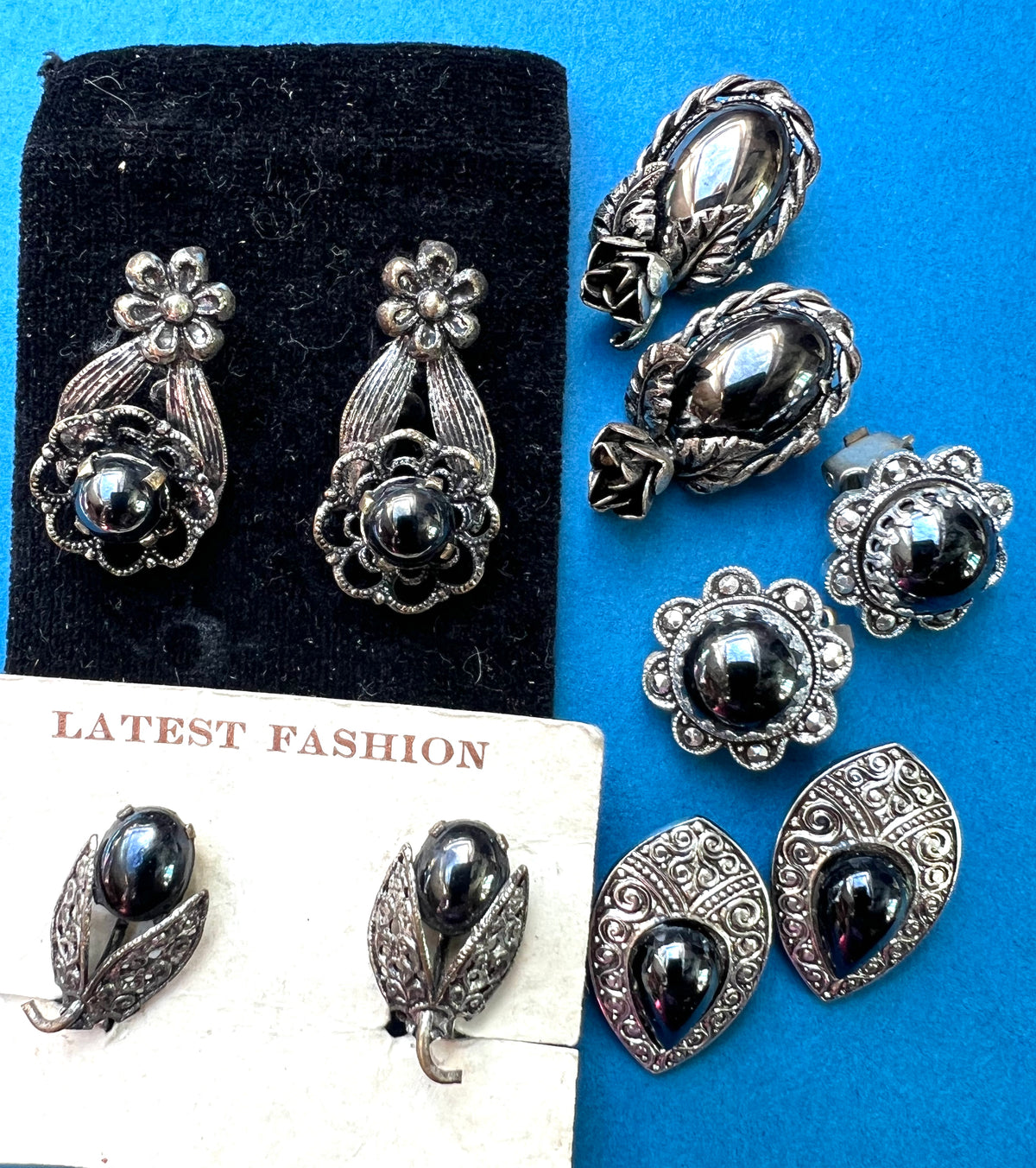 5 Pairs of Vintage Black Glass Clip On Earrings...Perfect for Halloween Costumes