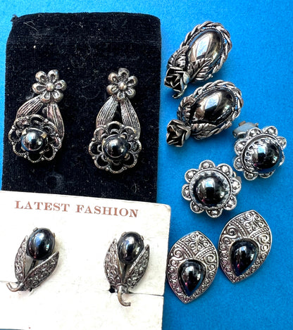5 Pairs of Vintage Black Glass Clip On Earrings...Perfect for Halloween Costumes