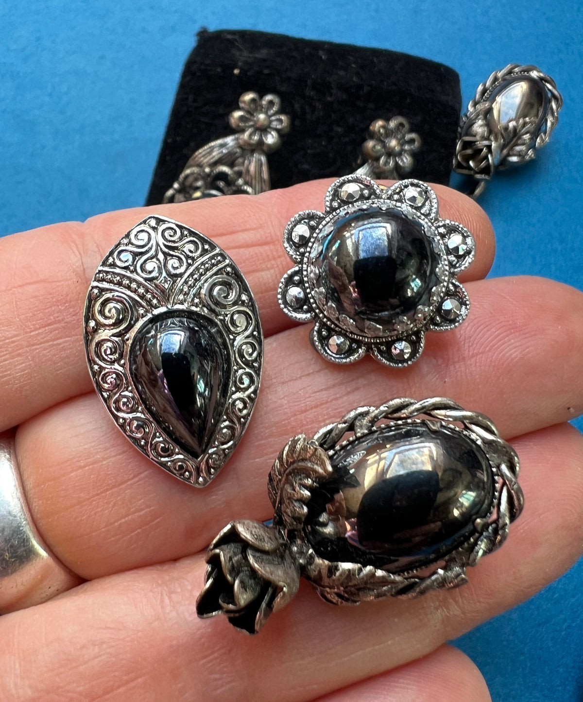5 Pairs of Vintage Black Glass Clip On Earrings...Perfect for Halloween Costumes