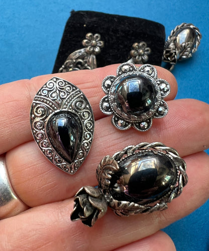 5 Pairs of Vintage Black Glass Clip On Earrings...Perfect for Halloween Costumes